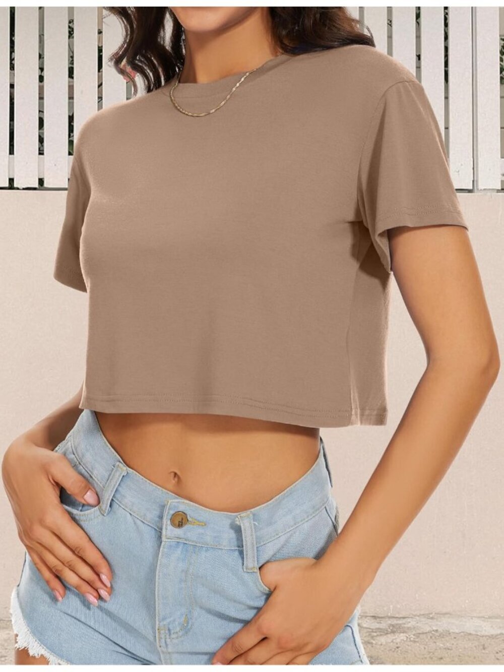 〽️Women's Khaki Short Sleeve Round Neck Loose Fit Casual Summer Crop Tops